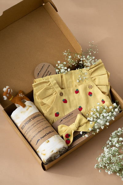 Organic Girl Baby Gift Hamper with Swaddle and Toy- Yellow Sunshine