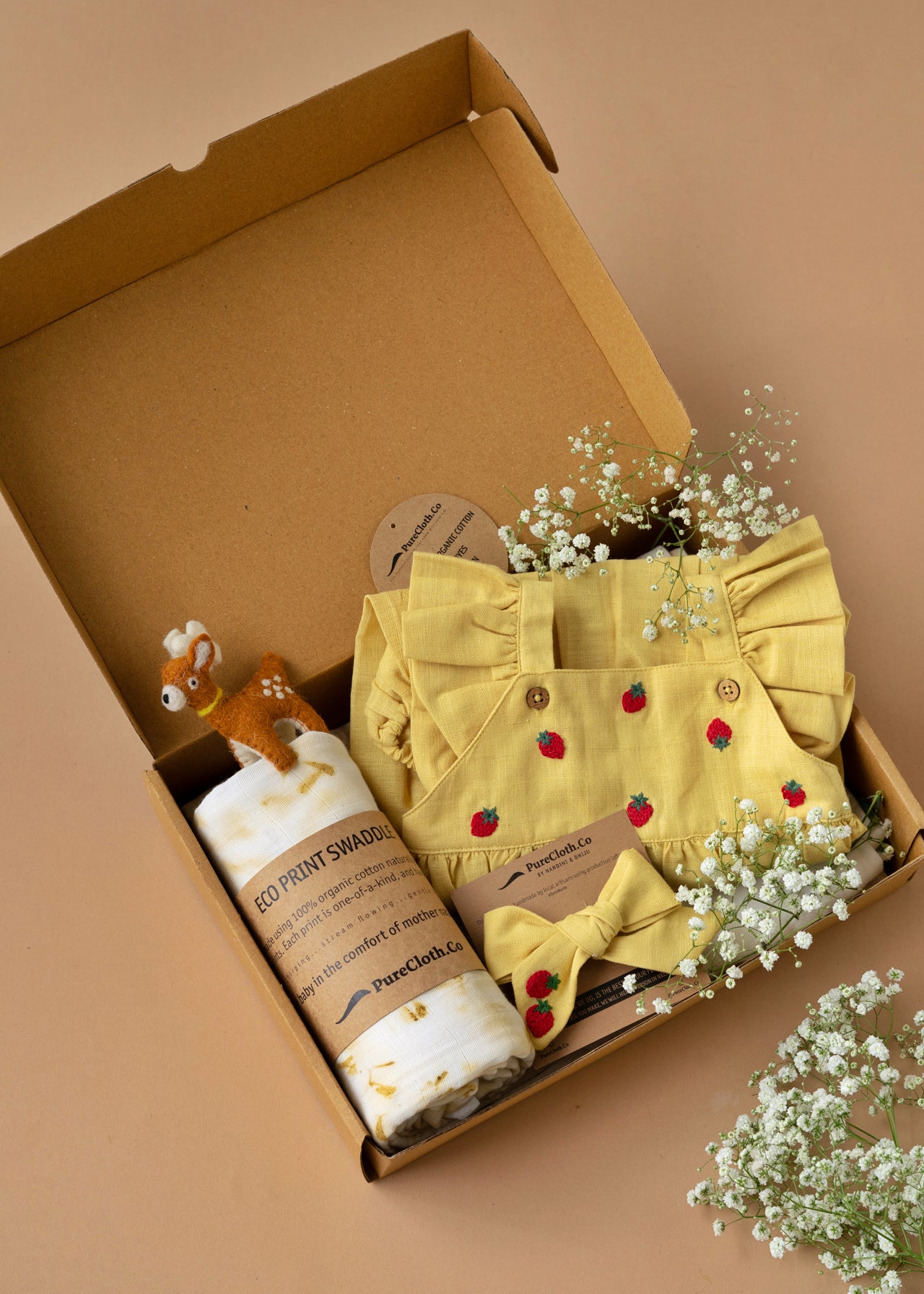 Organic Girl Baby Gift Hamper with Swaddle and Toy- Yellow Sunshine