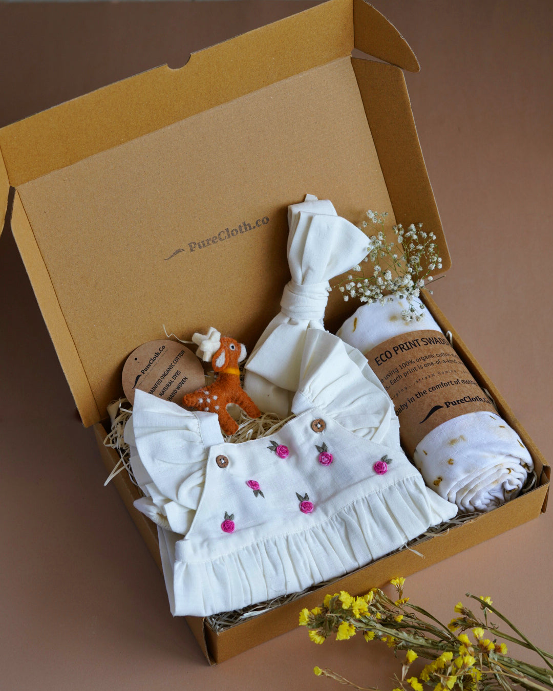 Organic Girl Baby Gift Hamper with swaddle and toy - Tiny Teeny Little Box