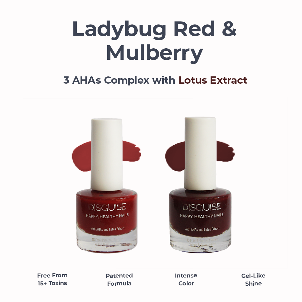 Disguise Cosmetics Ladybug Red 102 + Mulberry 101 - Nail Colour, 21 TOXIN FREE | WITH AHA & LOTUS EXTRACT | INTENSE COLOR | 9 ml