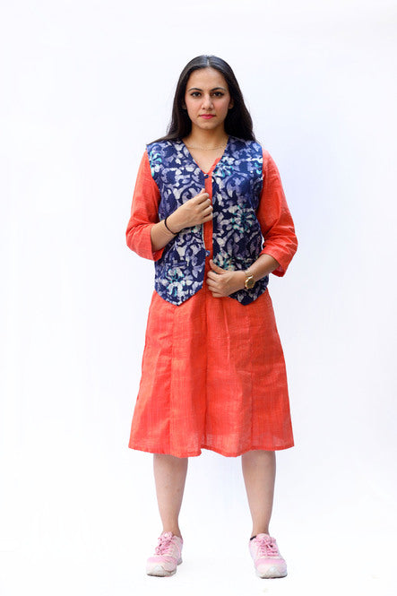 Agati Design Lipika Yarn Dyed Dress with Batik Jacket | Khadi Cotton | Gajari Orange, M-XL