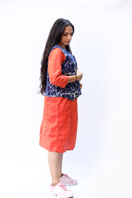 Agati Design Lipika Yarn Dyed Dress with Batik Jacket | Khadi Cotton | Gajari Orange, M-XL
