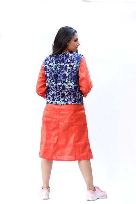 Agati Design Lipika Yarn Dyed Dress with Batik Jacket | Khadi Cotton | Gajari Orange, M-XL