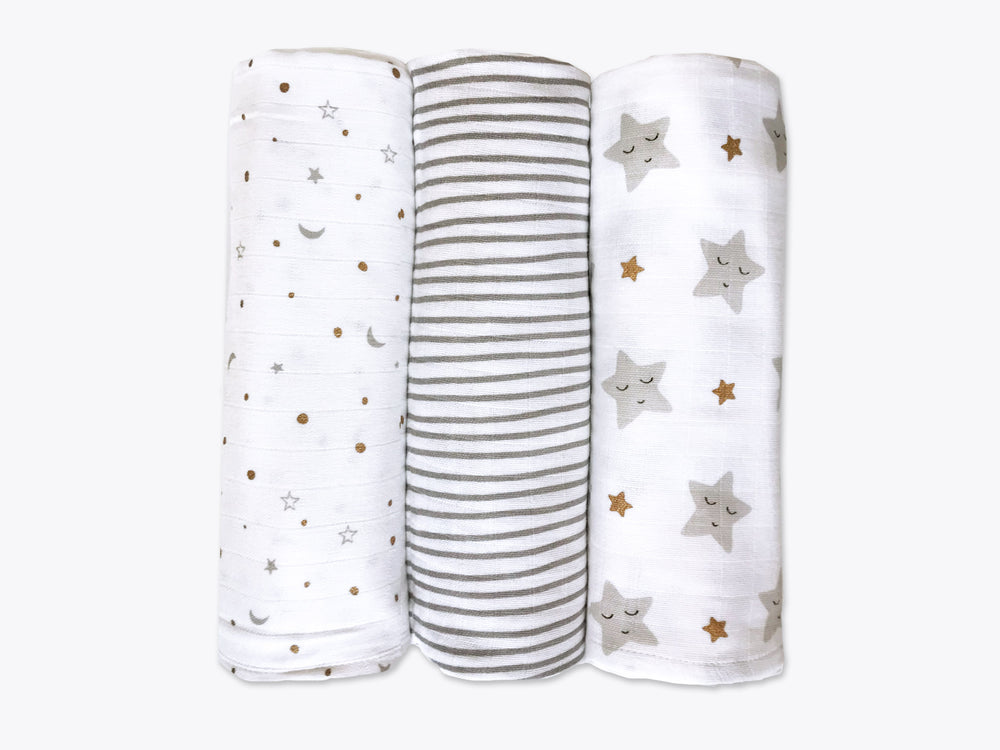 Organic Muslin Swaddles (Set of 3) – Sleepy Star (Metallic)
