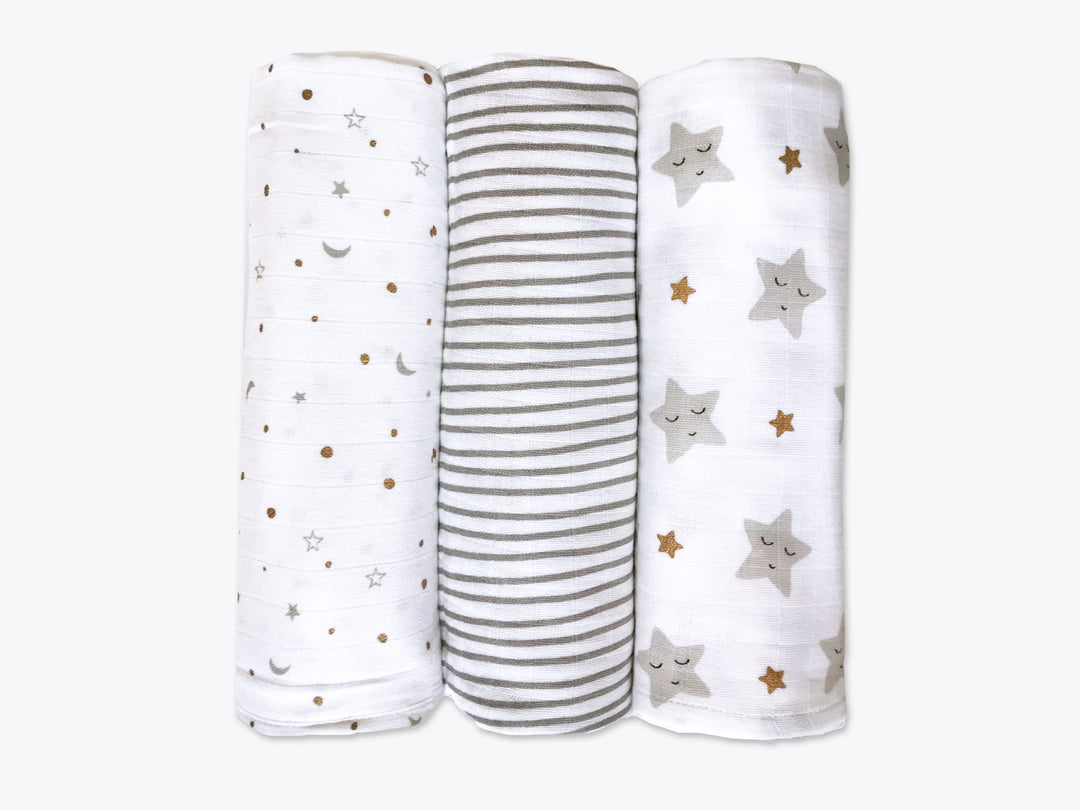 Organic Muslin Swaddles (Set of 3) – Sleepy Star (Metallic)