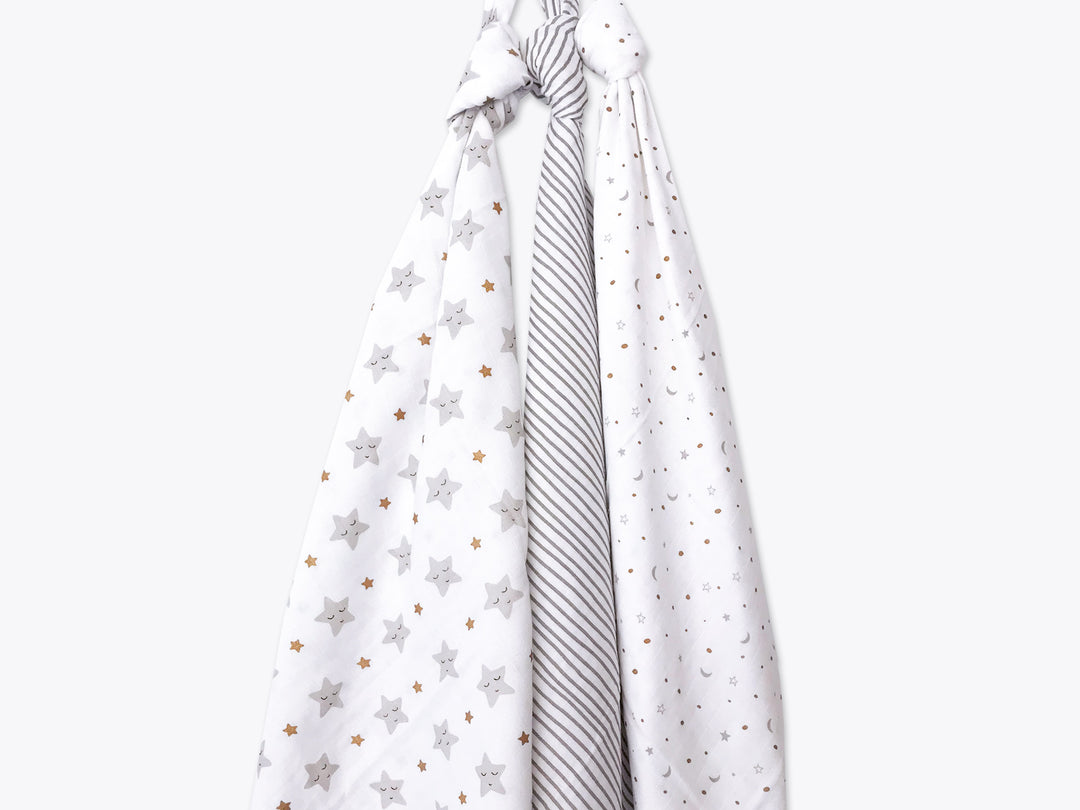 Organic Muslin Swaddles (Set of 3) – Sleepy Star (Metallic)