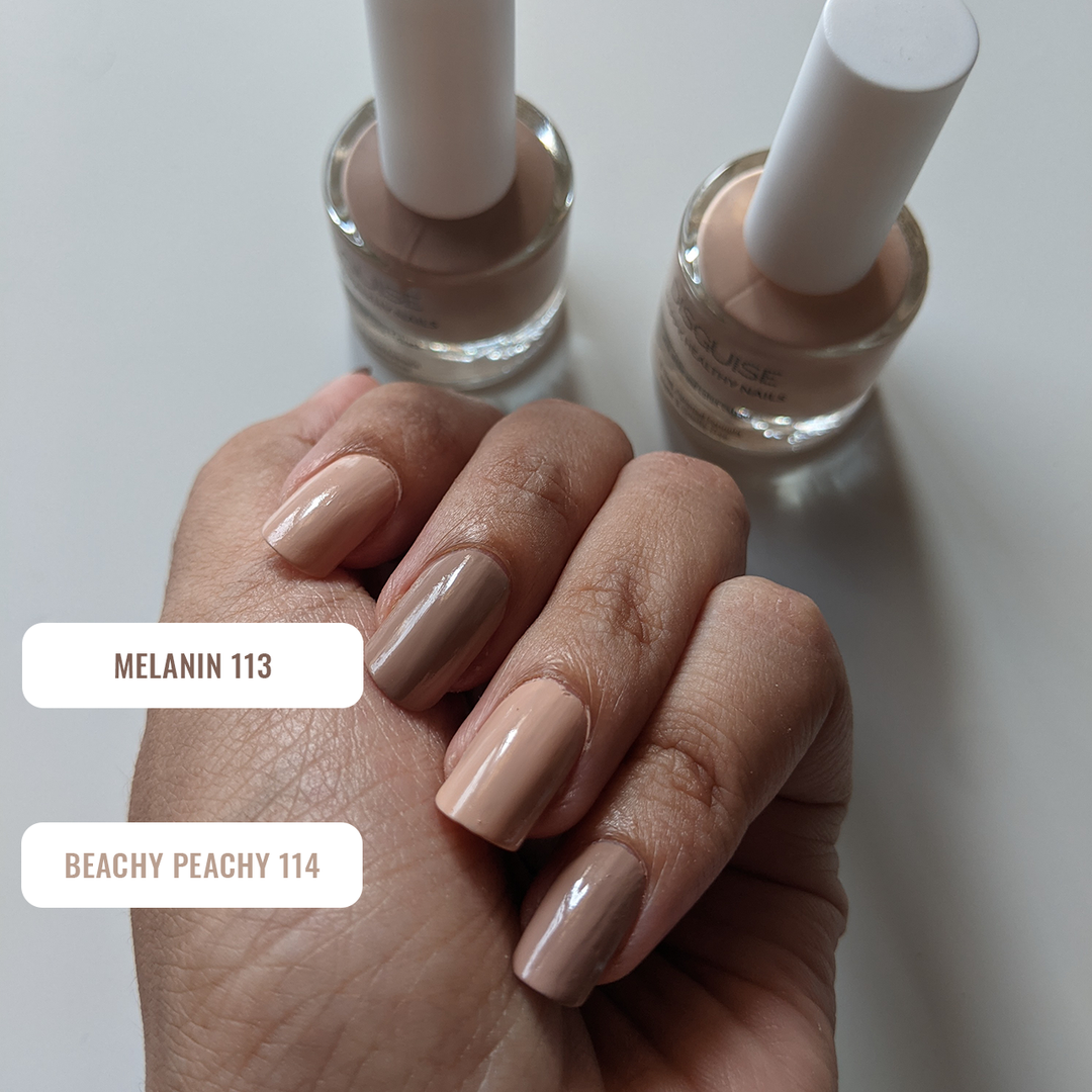 Disguise Cosmetics Happy, Healthy Nail Polish Combo Beachy Peachy 114 + Melanin 113: 21 TOXIN FREE | WITH AHA & LOTUS EXTRACT | STRENGTHENS & REPAIRS NAILS | 9 ml