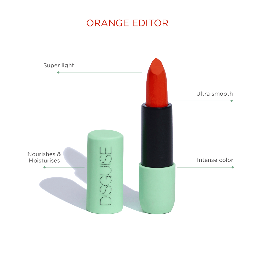 Disguise Cosmetics Satin Matte Lipstick Orange Editor 08 | ULTRA LIGHT & COMFORTABLE | ENRICHED WITH PLANT OILS