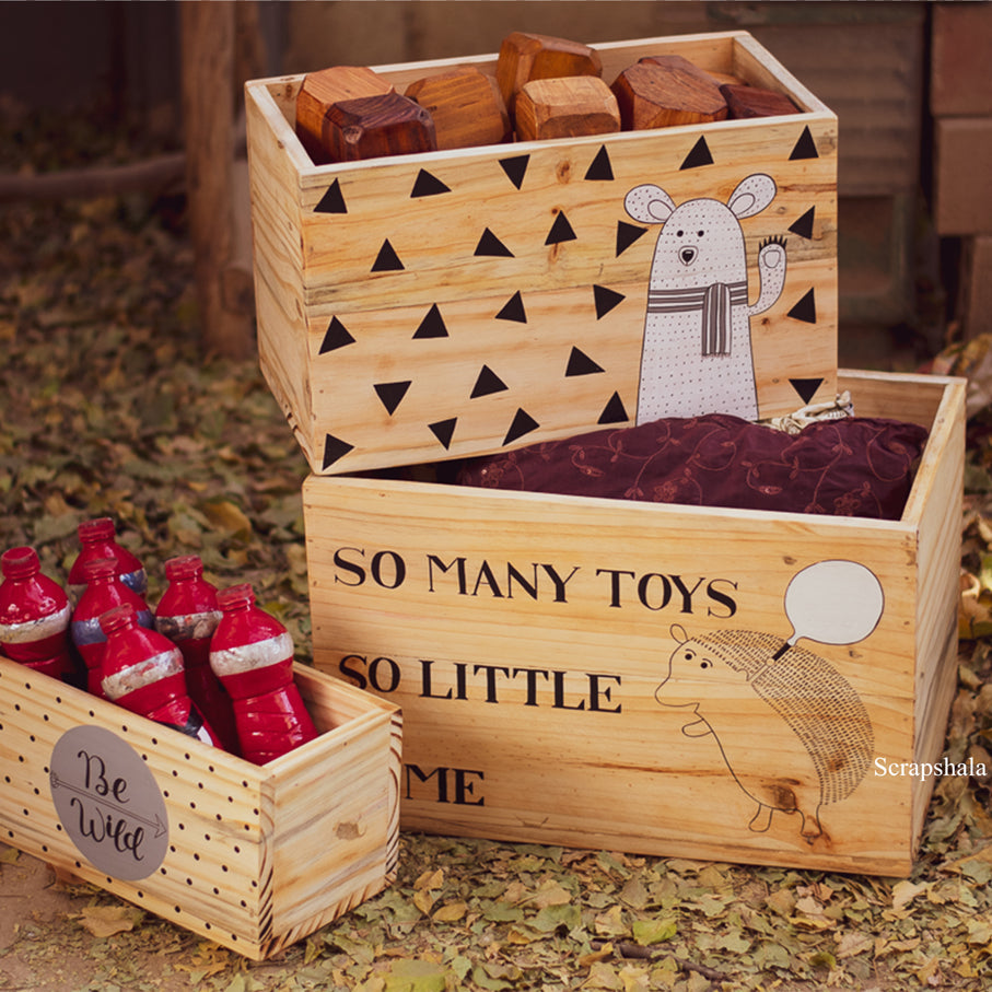 Scrapshala Smart storage box set of 3 | Space Saver | Reclaimed Natural Wood