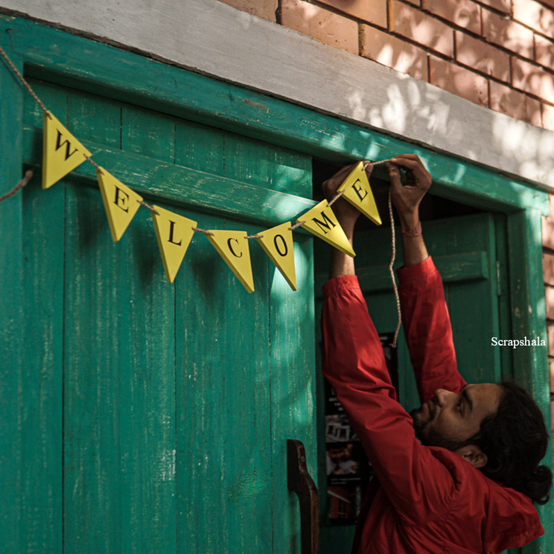 Scrapshala WELCOME Bunting | Reusable | Handpainted | Natural reclaimed wood