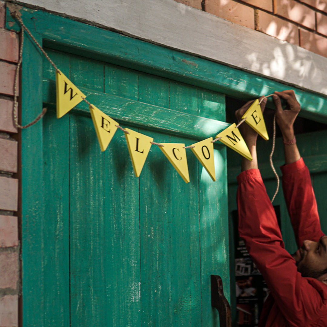 Scrapshala WELCOME Bunting | Reusable | Handpainted | Natural reclaimed wood