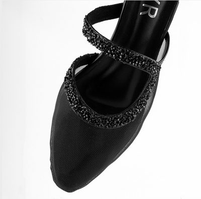 Sliver mesh heel with black stones