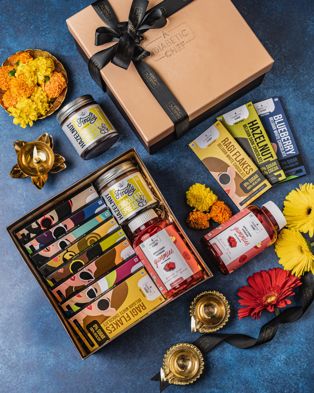 A Diabetic Chef Ultimate Sugarfree Gift Box | Assorted Belgian Dark and White Chocolate, ACV Gummies and Chocolate Spread | Diabetic Friendly | Vegan