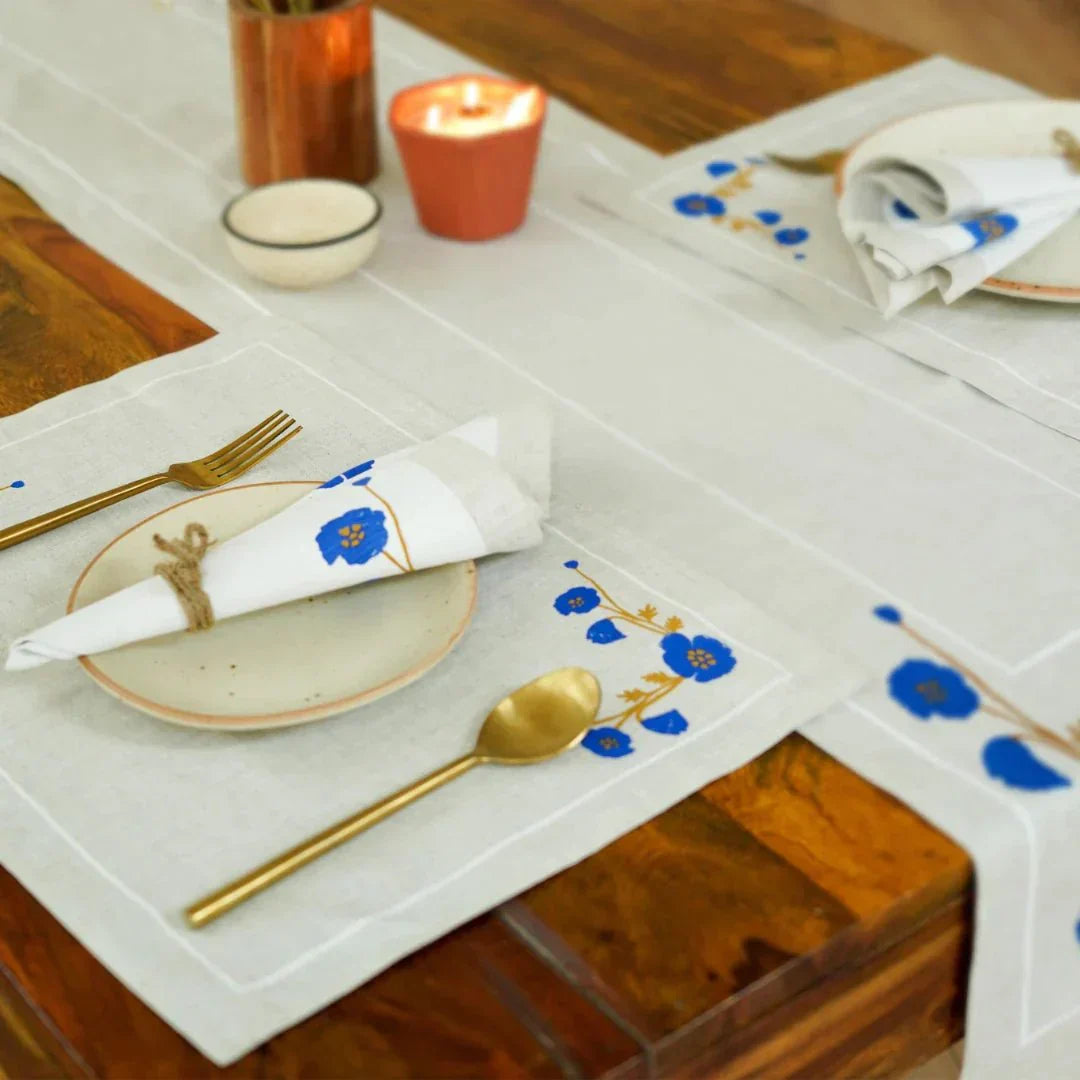 Aaral Table Napkin | Blue Poppy Blossoms on Natural Hemp Fabric - Suspire