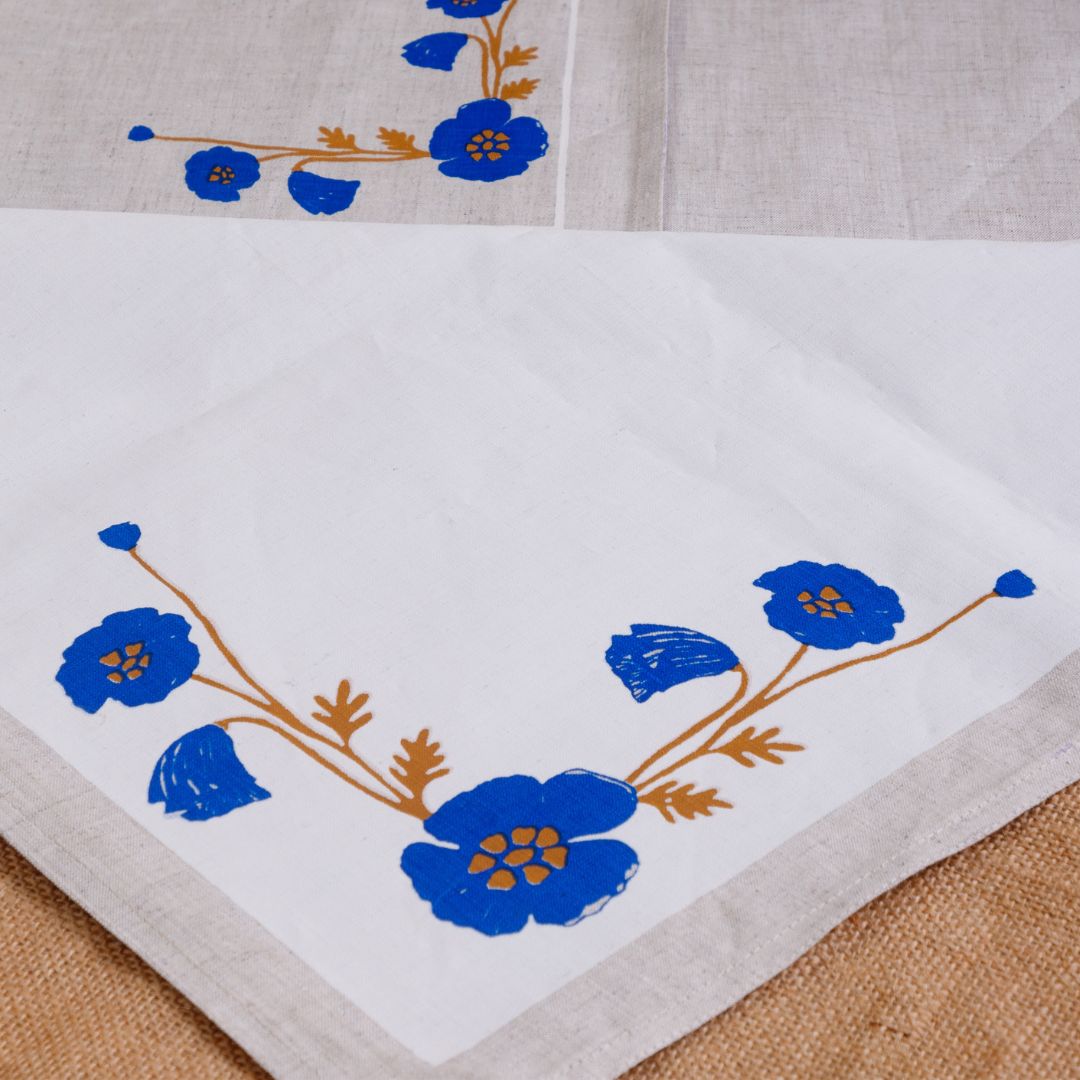 Aaral Table Napkin | Blue Poppy Blossoms on Natural Hemp Fabric - Suspire