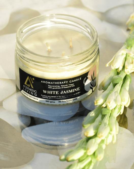 Aesthetic Living 3-Wick Soy Wax White Jasmine Candle - 30hrs burn, 180gms - Suspire