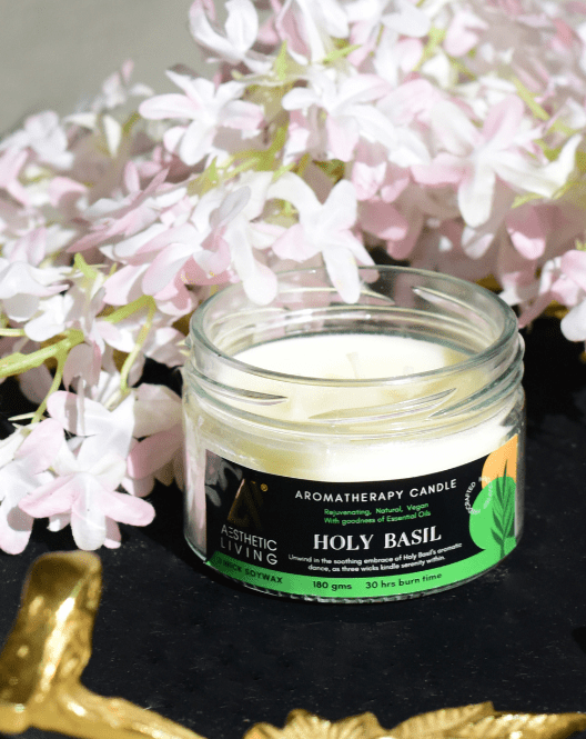 Aesthetic Living 3 wick Soywax Holy Basil Candle I 30 hr Burn, 180 gms - Suspire