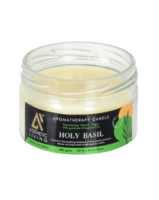 Aesthetic Living 3 wick Soywax Holy Basil Candle I 30 hr Burn, 180 gms - Suspire