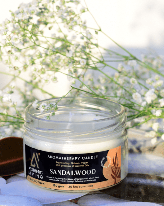 Aesthetic Living 3 Wick Soywax Sandalwood Candle I 30 hr Burn, 180 gms - Suspire