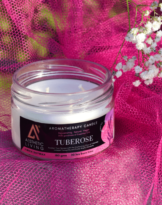Aesthetic Living 3 wick Soywax Tuberose Candle I 30 hr burn, 180 gms - Suspire