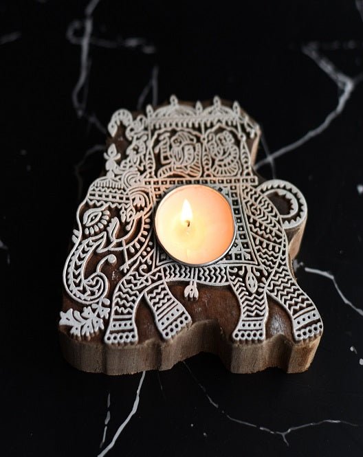 Aesthetic Living Airavat - Wooden T- Light Holder with pack of 6 soywax t- light candles - Suspire