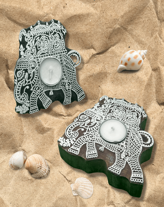 Aesthetic Living Airavat - Wooden T- Light Holder with pack of 6 soywax t- light candles - Suspire