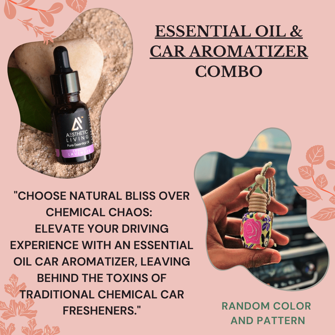 Aesthetic Living Car Aromatizer/ Diffuser Bottle with Essential Oil (Square gold shape-10ml+ Essential oil 15ml) - Suspire