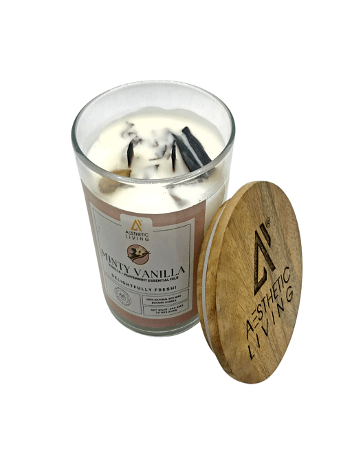 Aesthetic Living Minty Vanilla - Botanic Candle with Vanilla & Peppermint Essential Oil and Wooden Wick I 70 hr Burn - Suspire