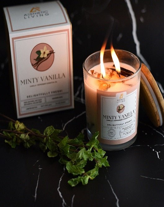 Aesthetic Living Minty Vanilla - Botanic Candle with Vanilla & Peppermint Essential Oil and Wooden Wick I 70 hr Burn
