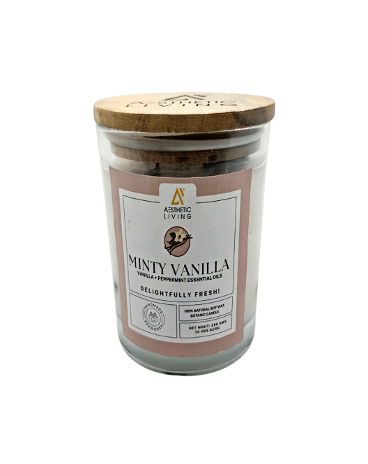 Aesthetic Living Minty Vanilla - Botanic Candle with Vanilla & Peppermint Essential Oil and Wooden Wick I 70 hr Burn - Suspire