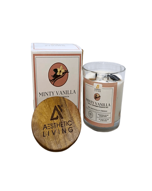 Aesthetic Living Minty Vanilla - Botanic Candle with Vanilla & Peppermint Essential Oil and Wooden Wick I 70 hr Burn - Suspire