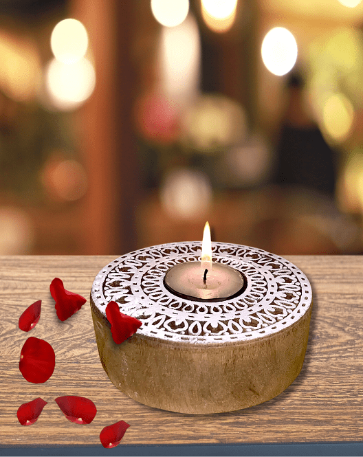 Aesthetic Living Rangoli - Wooden T- Light Holder with pack of 6 soywax t-light candles - Suspire