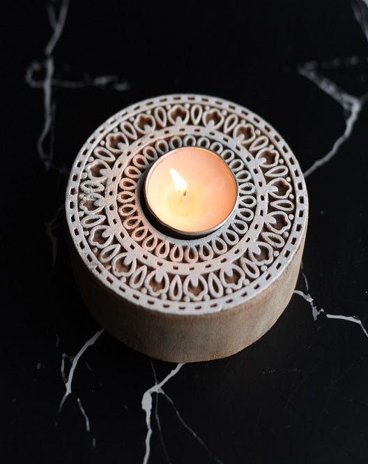 Aesthetic Living Rangoli - Wooden Tea Light Holder with pack of 6 soywax t-light candles