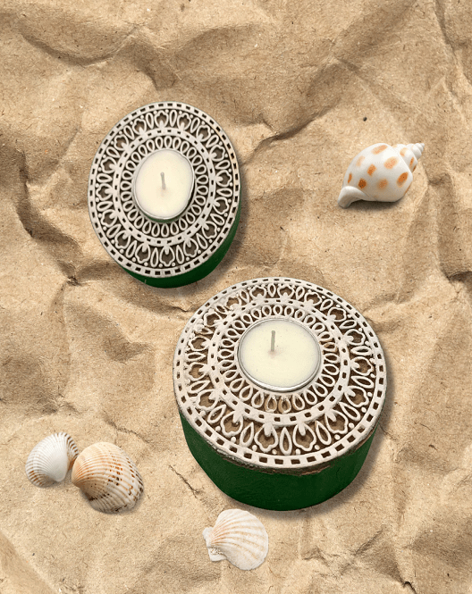 Aesthetic Living Rangoli - Wooden T- Light Holder with pack of 6 soywax t-light candles - Suspire
