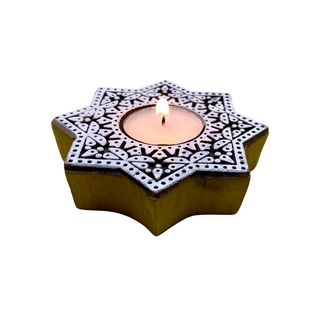 Aesthetic Living Sitara Handcrafted Wooden T-Light Holder with pack of 6 Soy Wax Long Burning Candles - Suspire