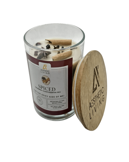 Aesthetic Living Spiced - Cinnamon & Clove Essential Oil Botanic Candle with WoodenWick I 70 hr burn - Suspire