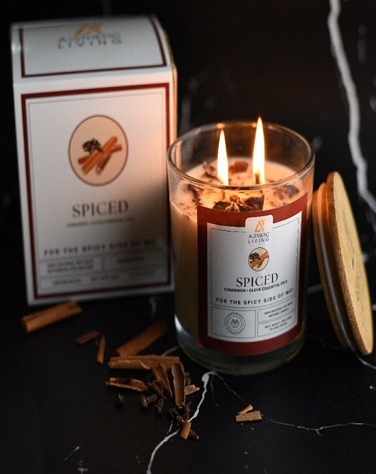 Aesthetic Living Spiced - Cinnamon & Clove Essential Oil Botanic Candle with WoodenWick I 70 hr burn - Suspire