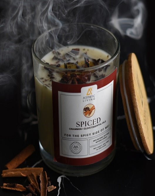 Aesthetic Living Spiced - Cinnamon & Clove Essential Oil Botanic Candle with WoodenWick I 70 hr burn - Suspire