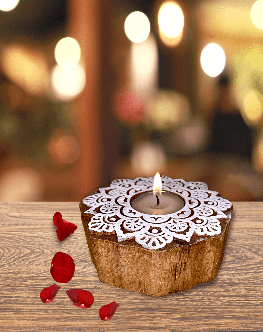 Aesthetic Living Surajmukhi - Wooden T- Light Holder with pack of 6 soywax t-light candles - Suspire