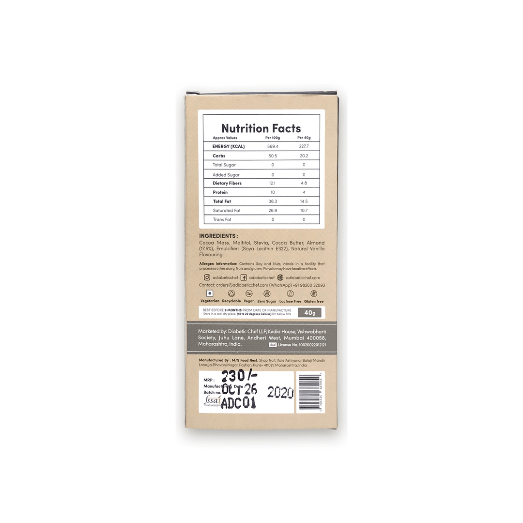 A Diabetic Chef Almond Belgian Dark Chocolate | Organic and Sugarfree | 55% Premium Cocoa | Diabetic Friendly | Vegan - 40g each (Pack of 3)