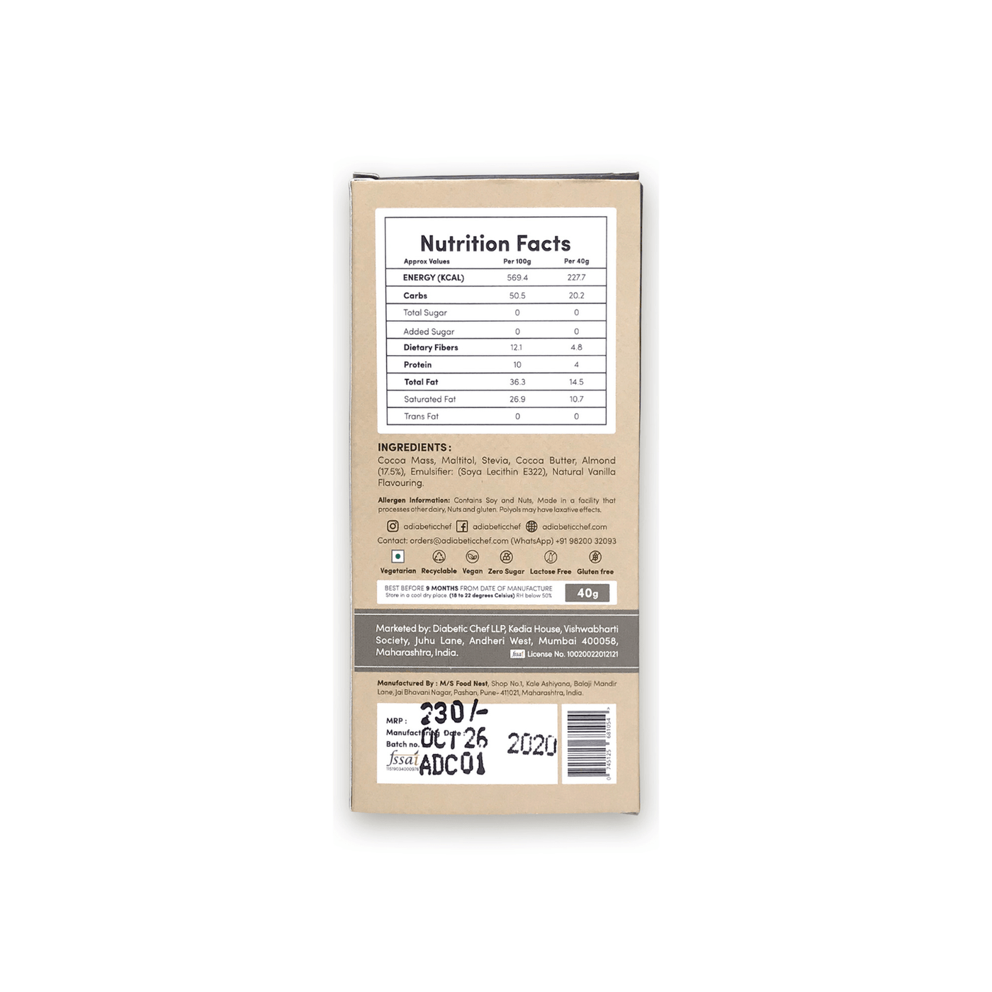 A Diabetic Chef Almond Belgian Dark Chocolate | Organic and Sugarfree | 55% Premium Cocoa | Diabetic Friendly | Vegan - 40g each (Pack of 3)