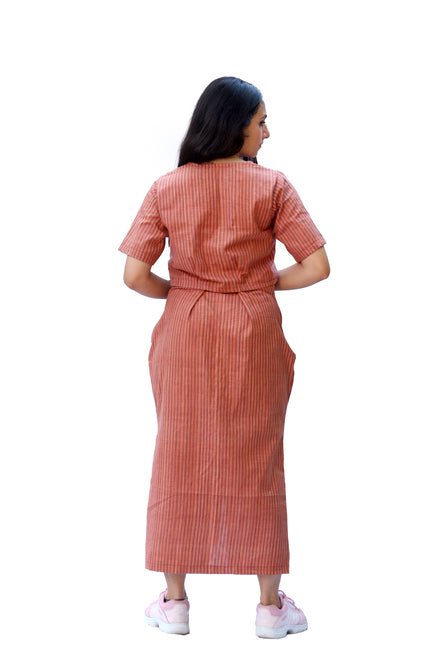 Arca Peach and Brown Yarn Dyed Top and Skirt - Suspire