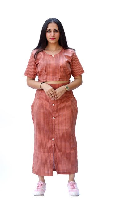 Arca Peach and Brown Yarn Dyed Top and Skirt - Suspire