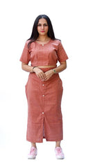 Agati Design Arca Peach and Brown Yarn Dyed Top and Skirt