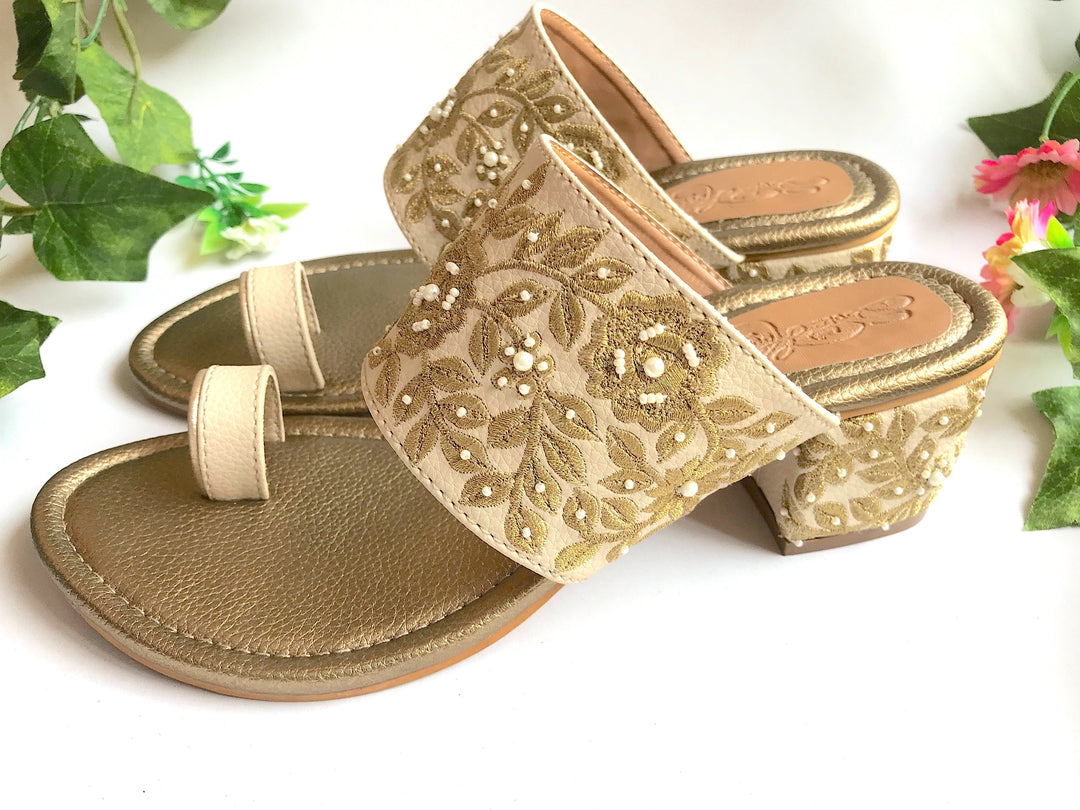 Baroque Gold Zari Block Heels - Suspire