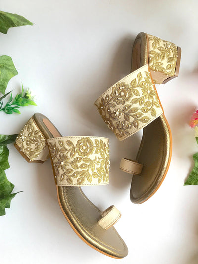 Baroque Gold Zari Block Heels - Suspire
