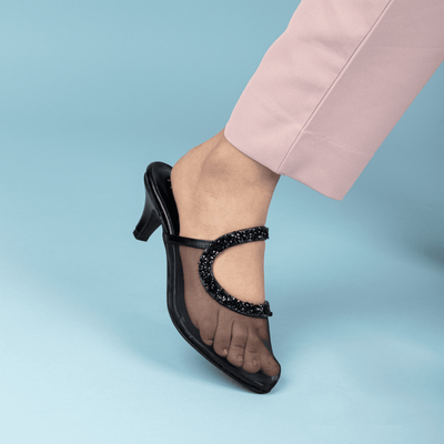 Black mesh heel with black stones