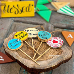 Scrapshala Cake Topper Pack | Multipurpose | Resuable | Handpainted | Natural Wood
