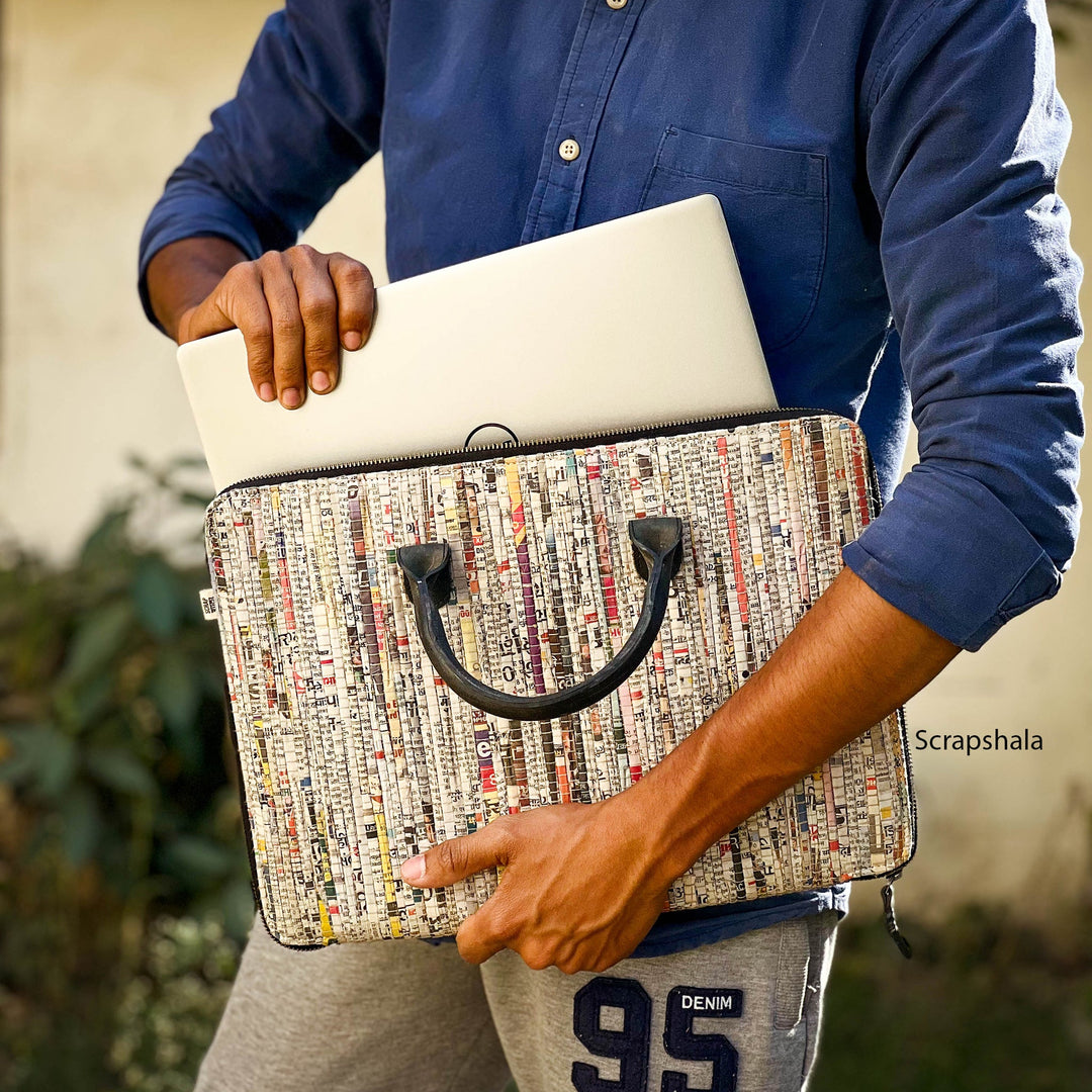 Scrapshala Minimalist Charcha Laptop Bag | Upcycled | Handloom textile