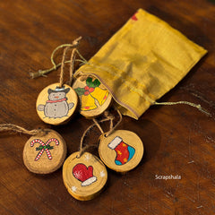 Scrapshala Christmas Ornaments Pack | Multipurpose | Resuable | Handpainted | Natural Wood